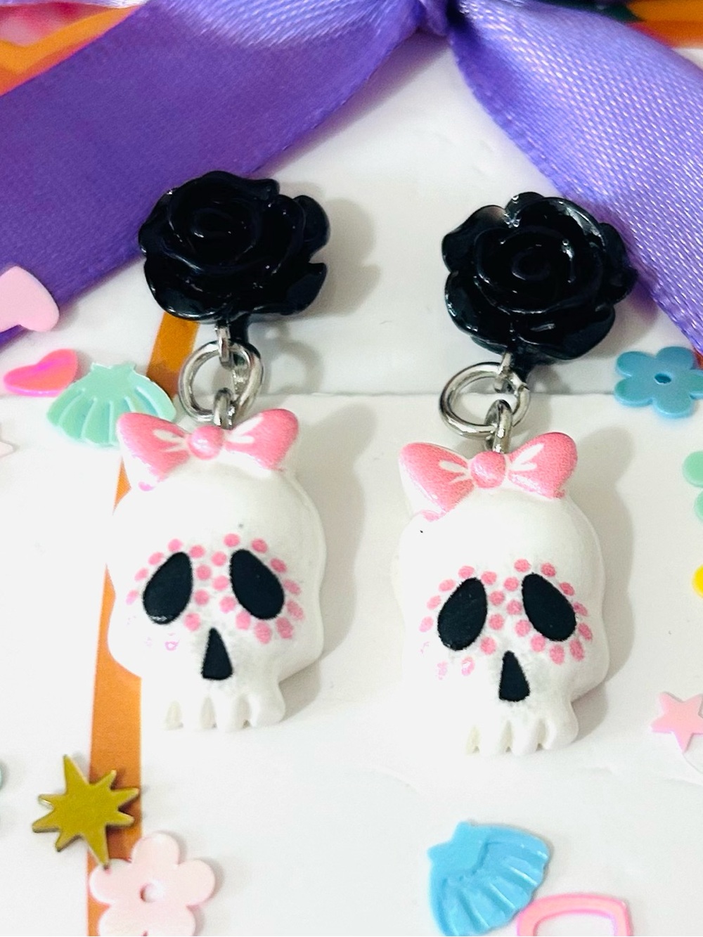 Halloween Rose Skull Clip On Earrings